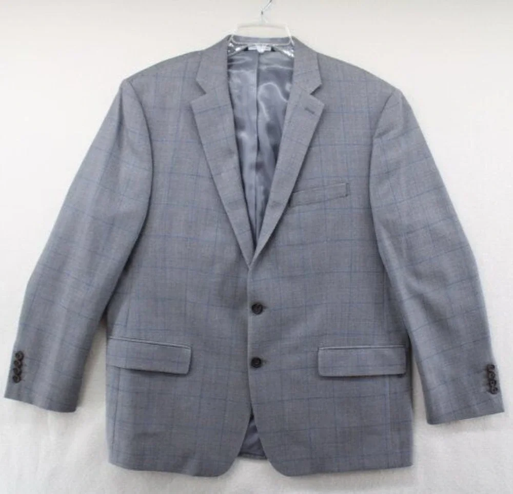 Ralph Lauren Blazer Mens 46R Gray Blue Windowpane plaid Silk Wool Office Stylish